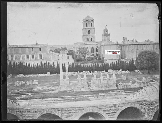 Arles théâtre antique, Plaque verre photo ancienne, négatif noir & blanc 9x12 cm