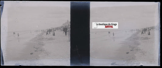 Mer plage, Belgique, Plaque verre stéréoscopie, négatif noir & blanc 4,5x10,7 cm
