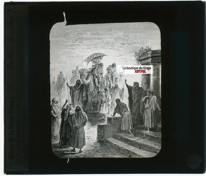 Histoire, Bible Doré, dessin, plaque de verre, noir & blanc, positif 8,5x10 cm