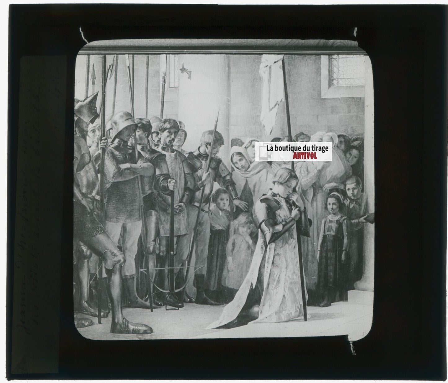 Jeanne d'Arc, histoire, dessin, plaque de verre, noir & blanc, positif 8,5x10 cm