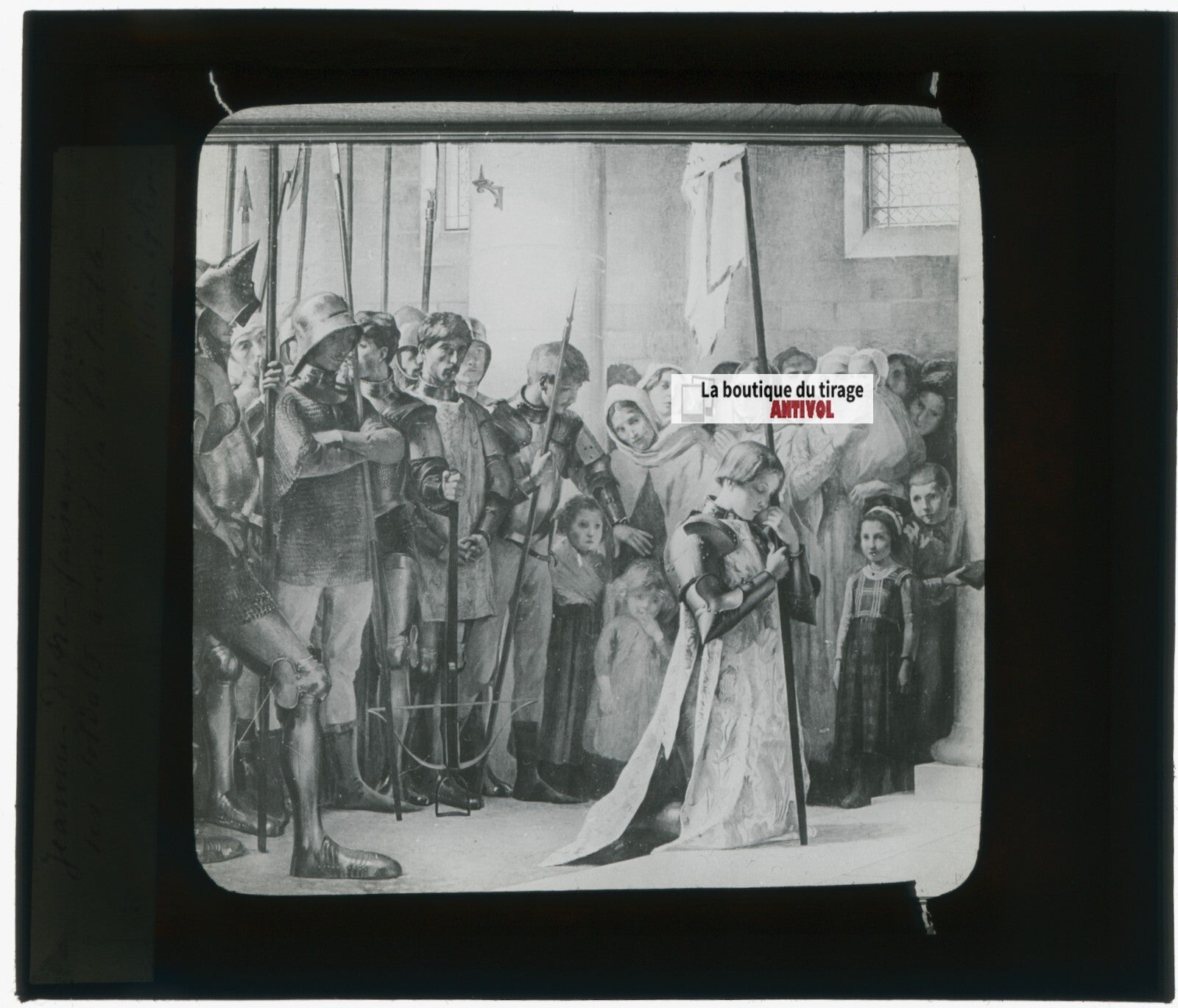 Jeanne d'Arc, histoire, dessin, plaque de verre, noir & blanc, positif 8,5x10 cm