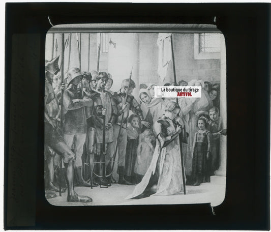 Jeanne d'Arc, histoire, dessin, plaque de verre, noir & blanc, positif 8,5x10 cm