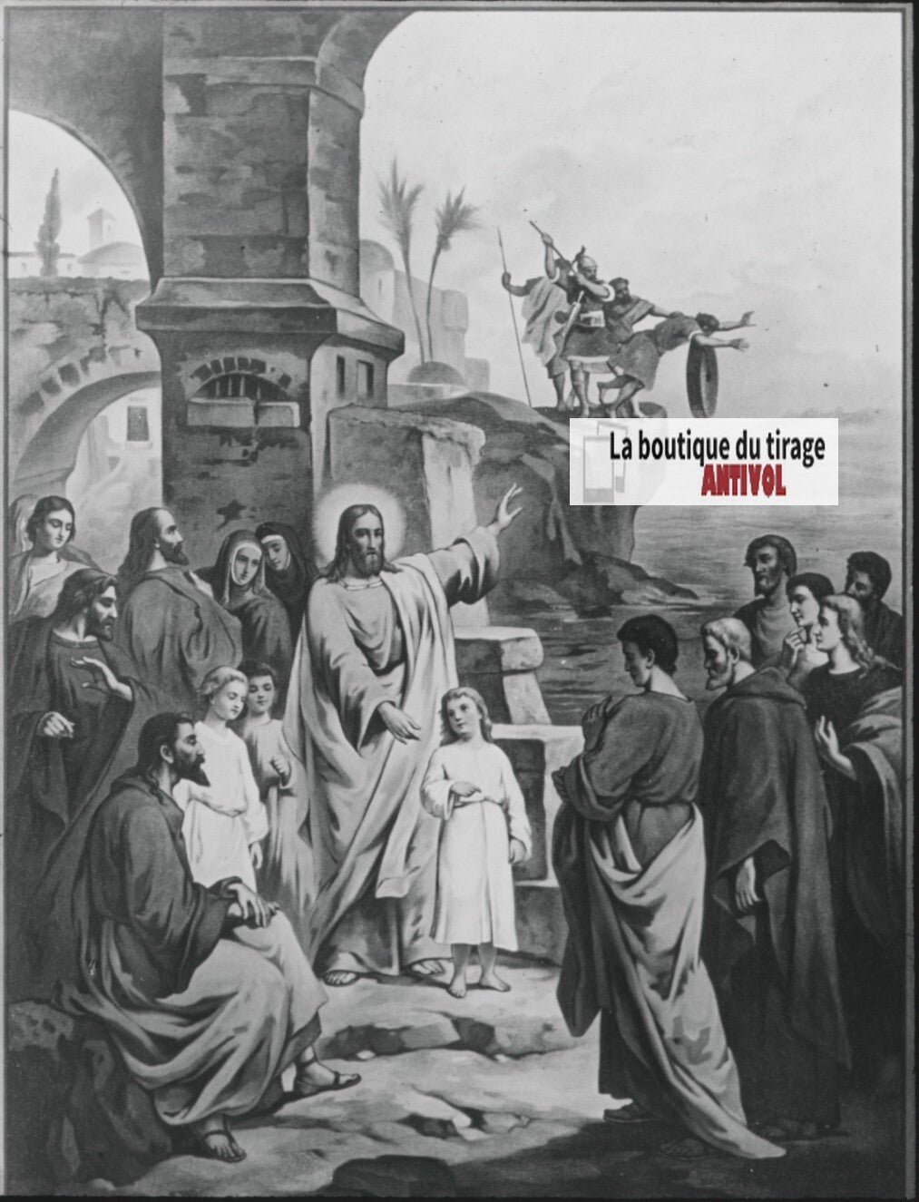 Scène religieuse, catéchisme, dessin peinture, plaque verre, positif 8,5x10 cm