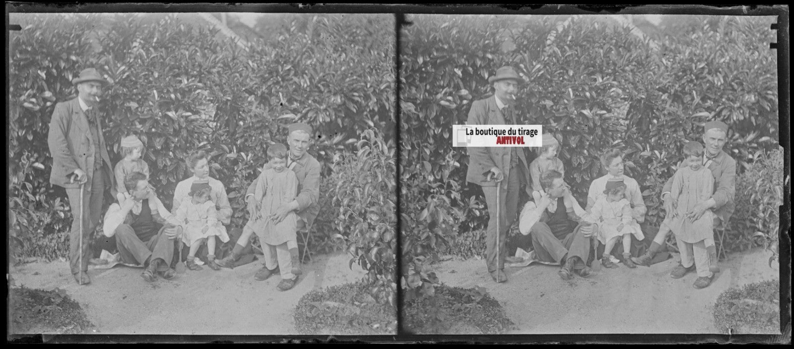 Famille, personnages, stéréo photo ancienne plaque verre, négatif 8x18 cm