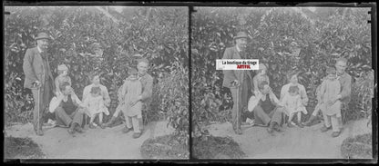 Famille, personnages, stéréo photo ancienne plaque verre, négatif 8x18 cm