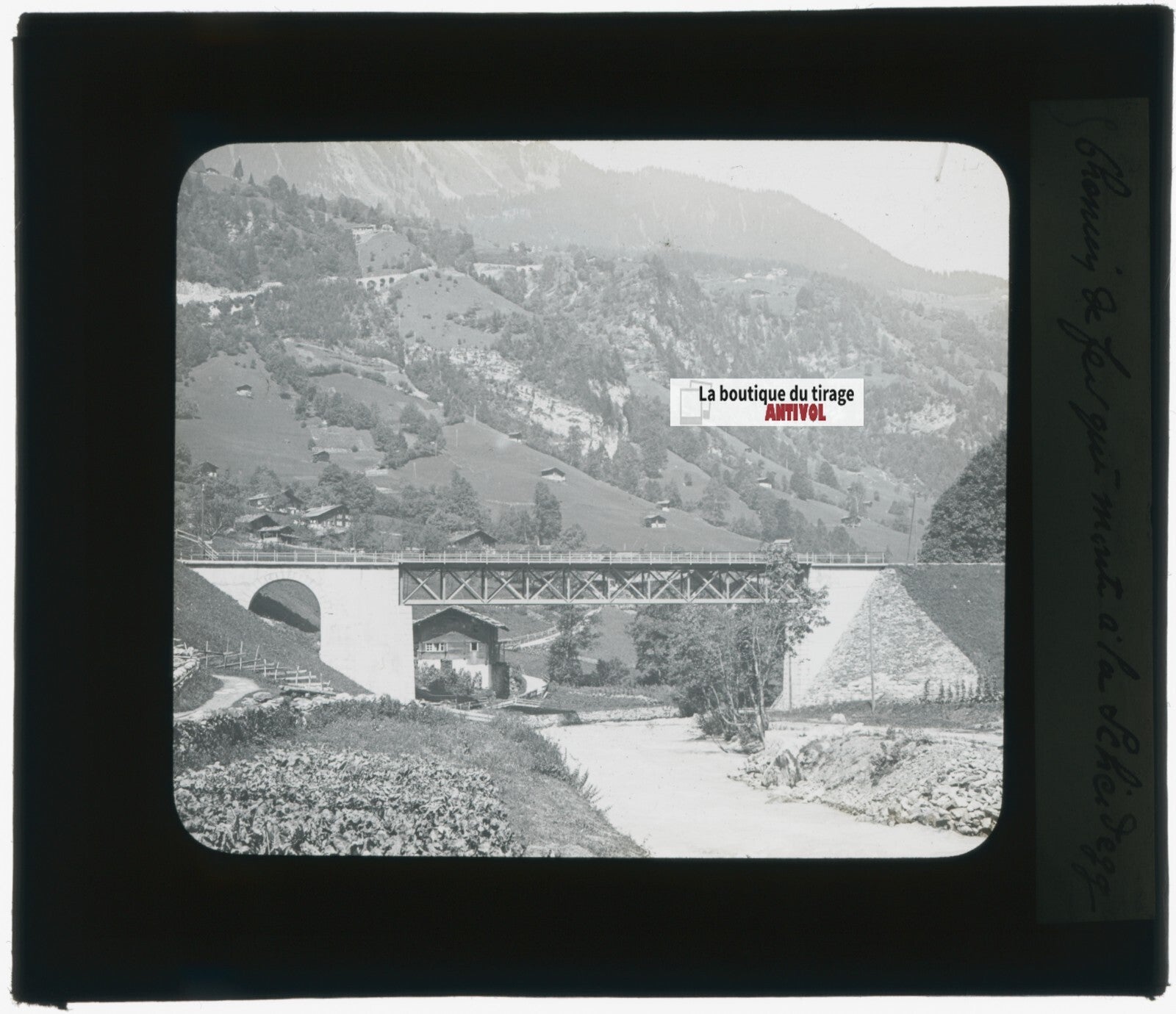 Lauterbrunnen chemin de fer, photo plaque verre, noir & blanc, positif 8,5x10 cm