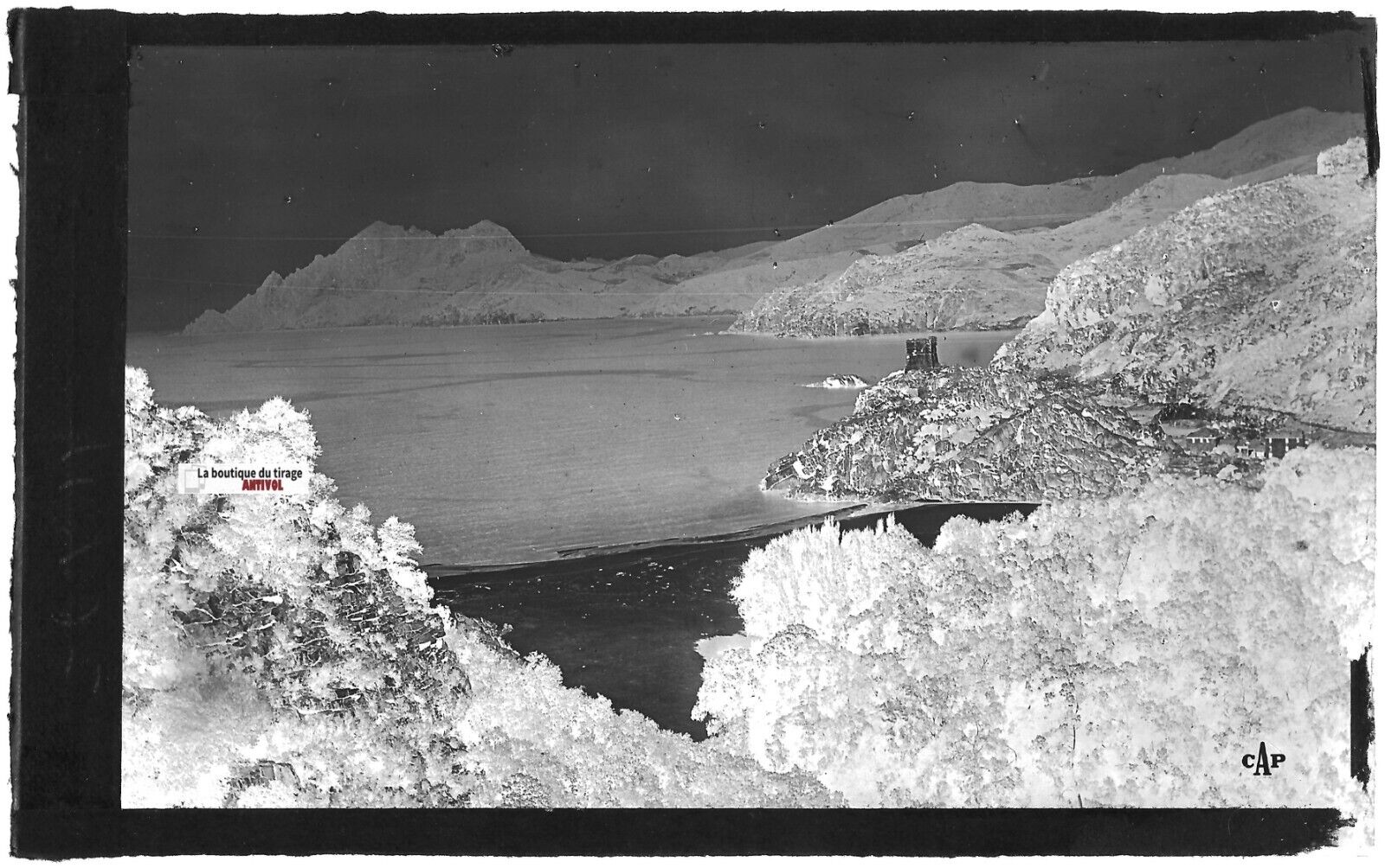 Plaque verre photo négatif noir & blanc 9x14 cm, Piana, Corse, Golfe Porto