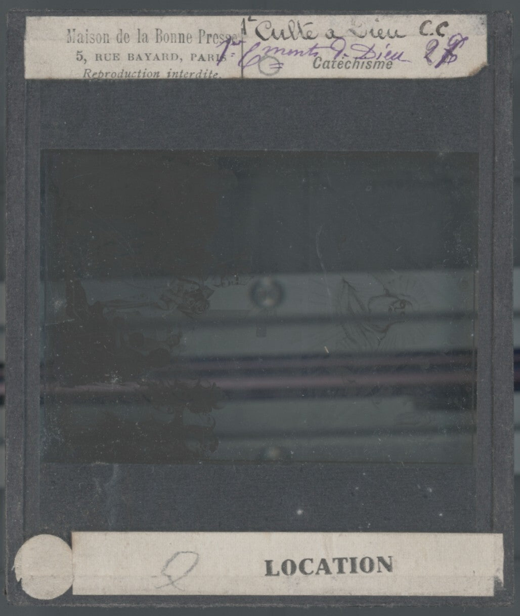 Scène religieuse, catéchisme, dessin peinture, plaque verre, positif 8,5x10 cm