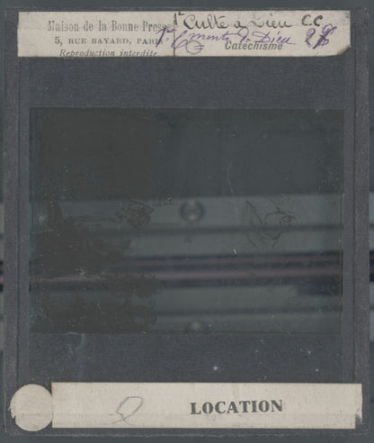 Scène religieuse, catéchisme, dessin peinture, plaque verre, positif 8,5x10 cm