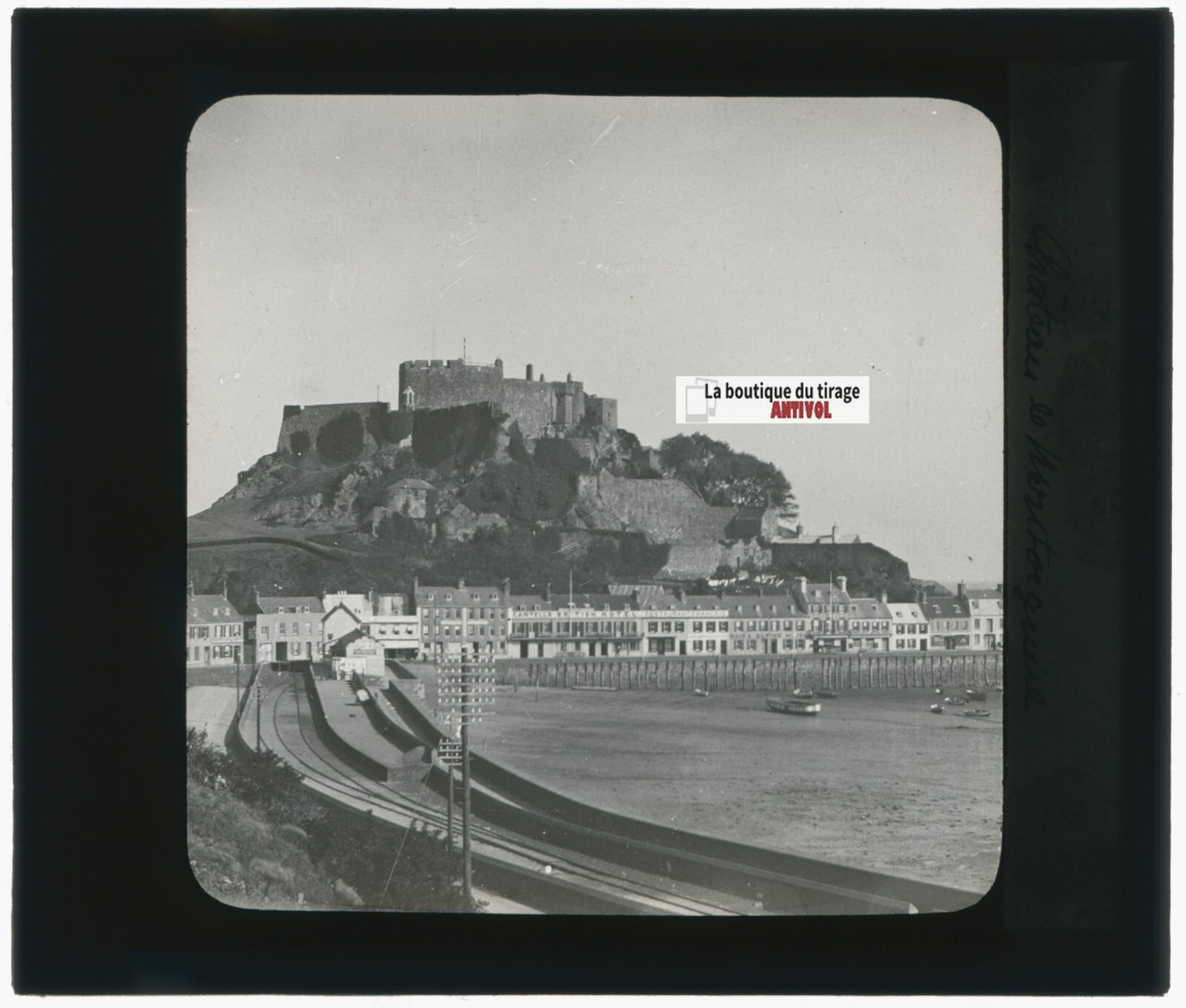 Chateau Mont Orgueil, Jersey, photo plaque de verre, positif 8,5x10 cm
