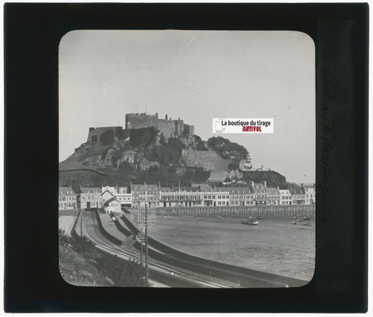 Chateau Mont Orgueil, Jersey, photo plaque de verre, positif 8,5x10 cm