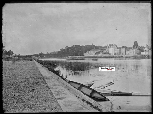 Ville à situer, bateaux, Plaque verre photo, négatif noir & blanc 9x12 cm