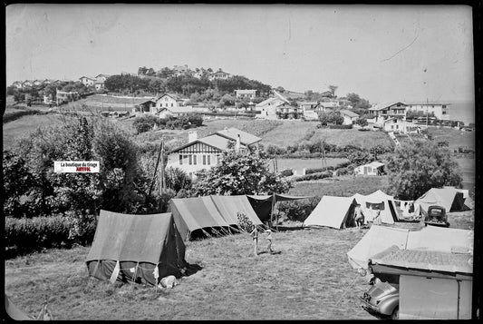 Bidart camping, Plaque verre photo ancienne, négatif noir & blanc 10x15 cm