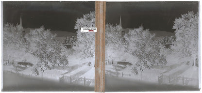 Campagne, église, Plaque verre photo, stéréo négatif noir & blanc 6x13 cm