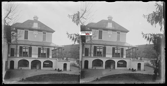 Villa, maison, Plaque verre photo ancienne, stéréo négatif noir & blanc 9x18 cm