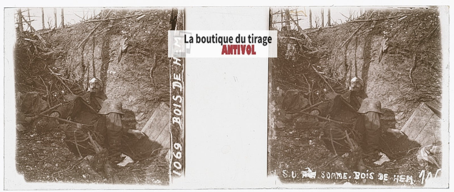 Bois de Hem, cadavre, WW1, plaque verre stéréo, photo ancienne 4,5x10,7 cm