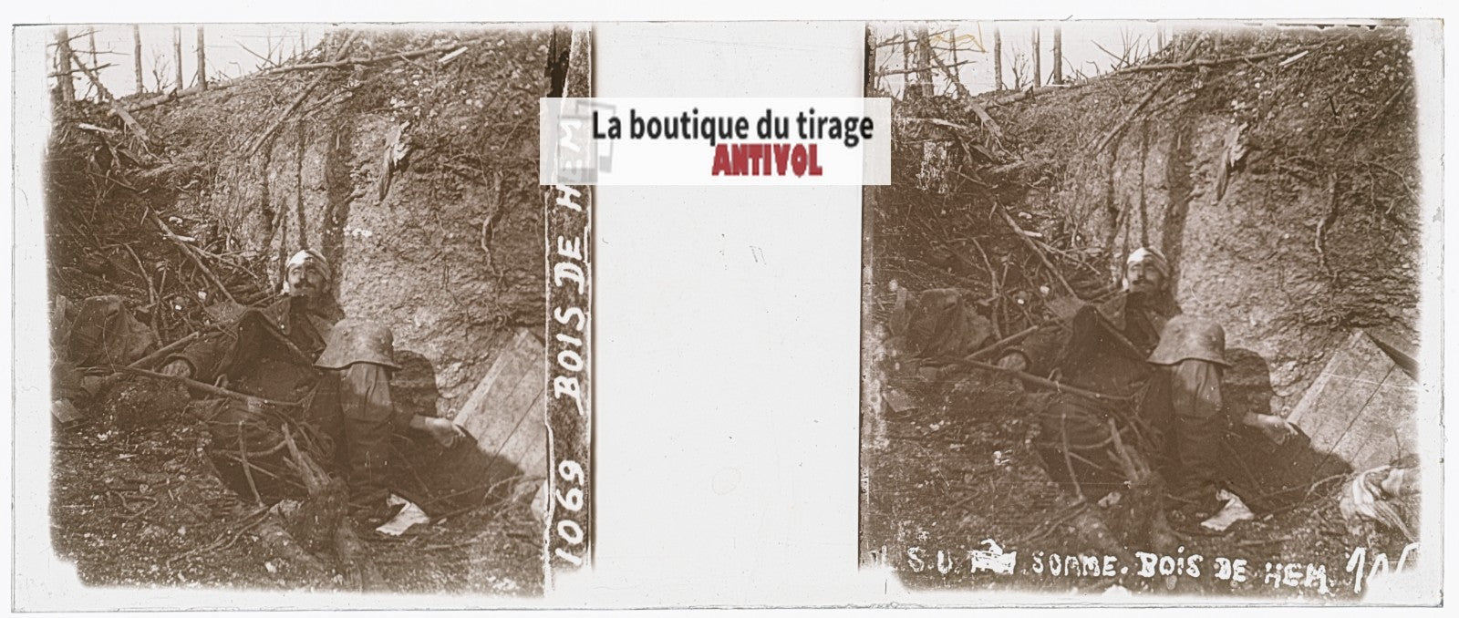 Bois de Hem, cadavre, WW1, plaque verre stéréo, photo ancienne 4,5x10,7 cm