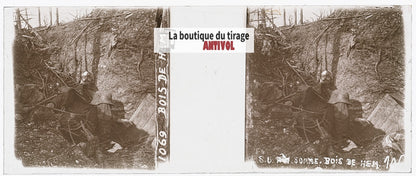 Bois de Hem, cadavre, WW1, plaque verre stéréo, photo ancienne 4,5x10,7 cm