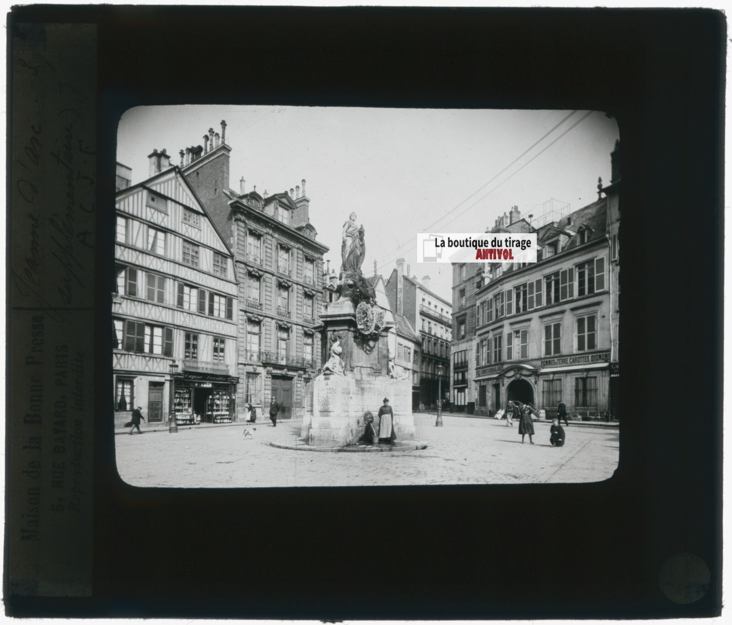 Statue Jeanne d'Arc, Rouen, photo plaque verre, noir & blanc, positif 8,5x10 cm