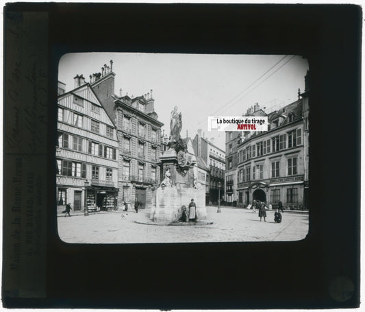 Statue Jeanne d'Arc, Rouen, photo plaque verre, noir & blanc, positif 8,5x10 cm