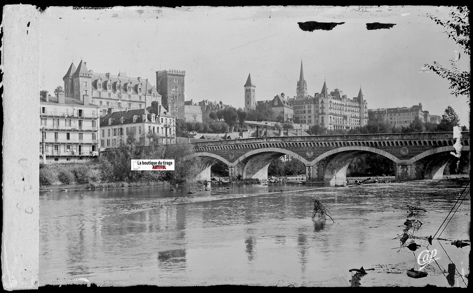 Pau, Gave rivière, Plaque verre photo ancienne, négatif noir & blanc 10x15 cm
