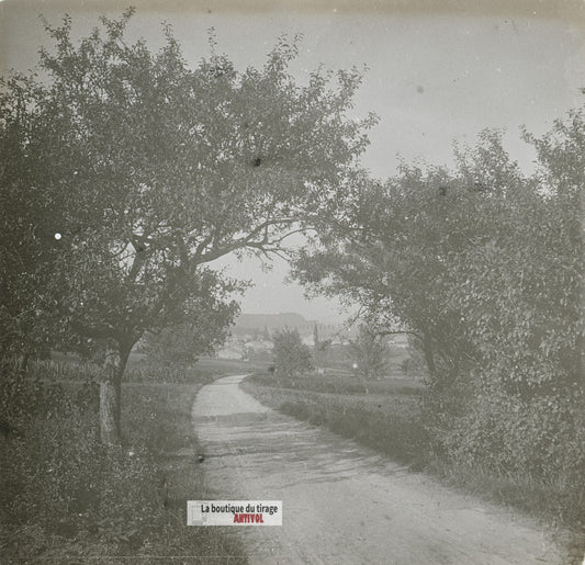 Chemin rural, village France, plaque verre stéréo, photo ancienne 4,5x10,7 cm