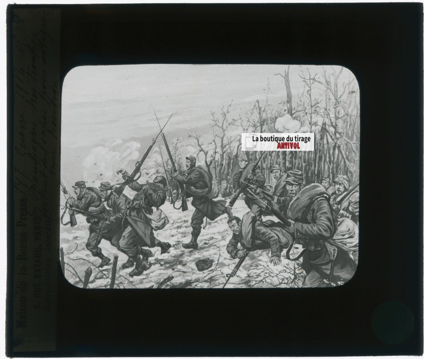 Dessin, Champagne guerre 14-18, plaque verre, noir & blanc, positif 8,5x10 cm