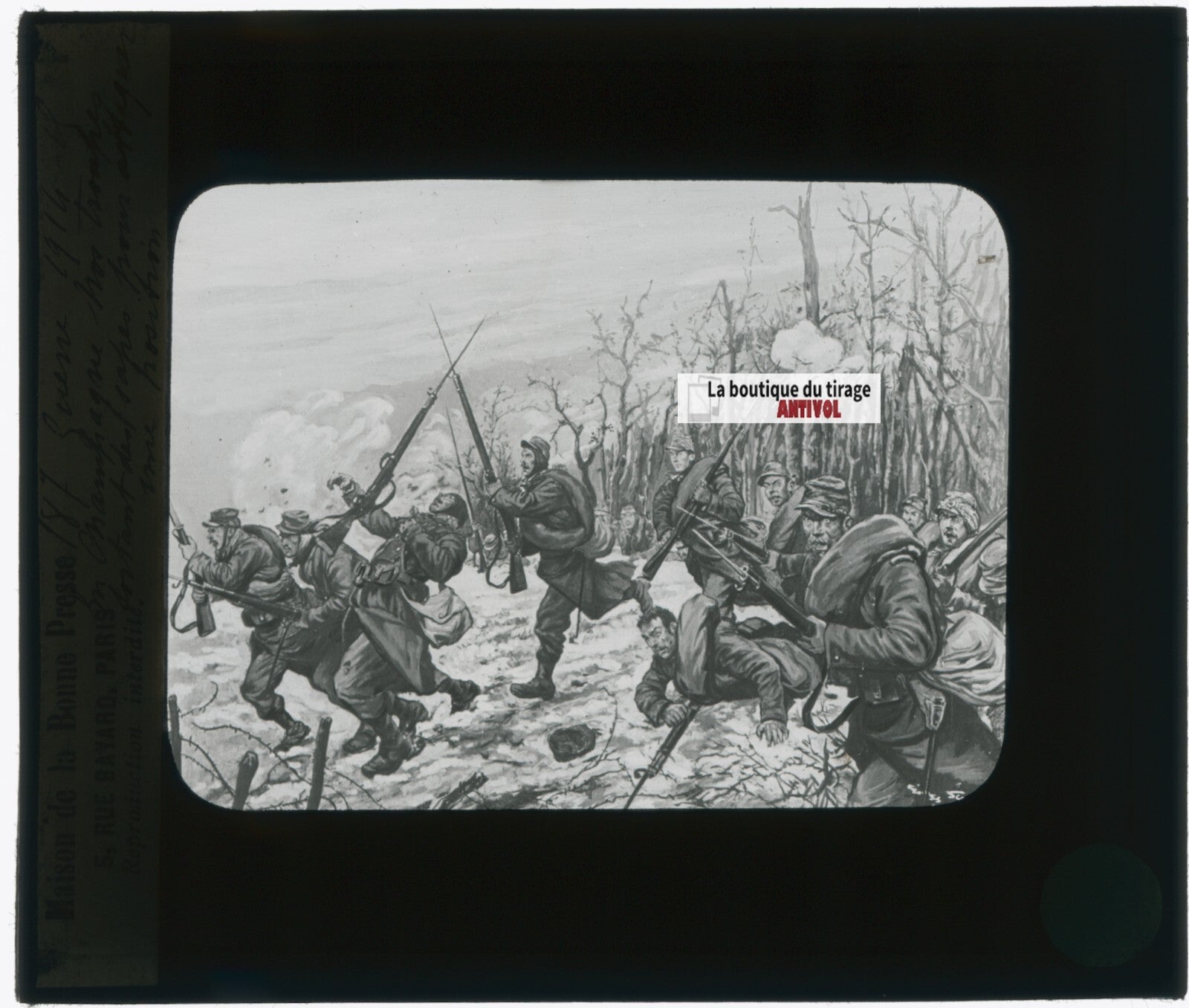 Dessin, Champagne guerre 14-18, plaque verre, noir & blanc, positif 8,5x10 cm