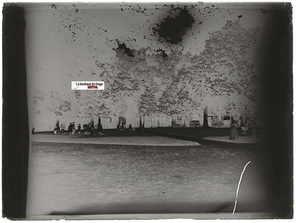 Parc, jardin, enfants, Plaque verre photo ancienne, négatif noir & blanc 9x12 cm