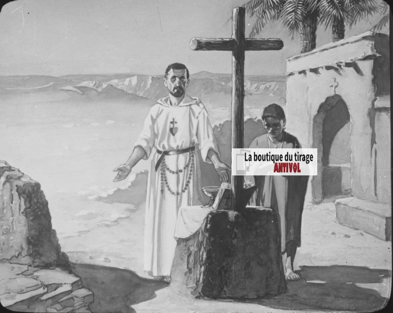 Père Charles de Foucauld, dessin, ancienne plaque de verre, positif 8,5x10 cm