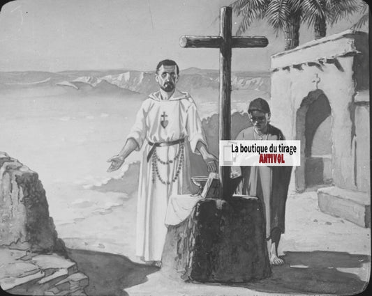 Père Charles de Foucauld, dessin, ancienne plaque de verre, positif 8,5x10 cm