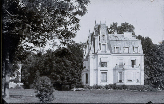 Plaque verre photo ancienne négatif 9x14 cm, noir et blanc château parc