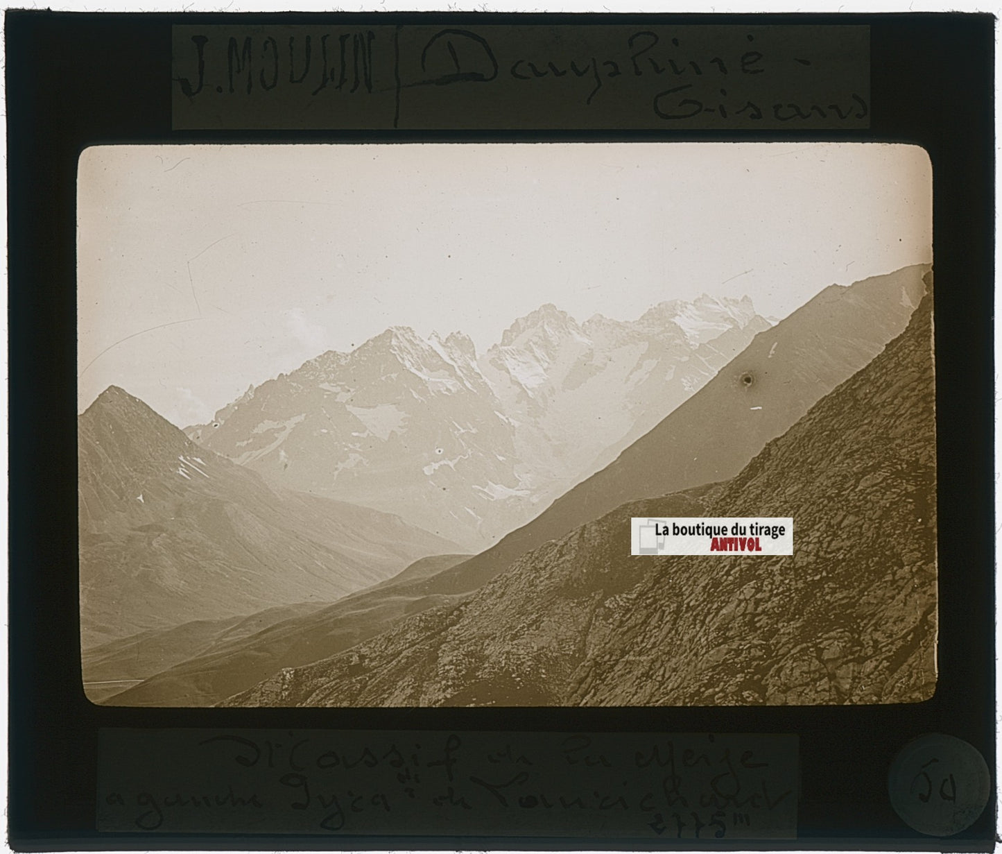 Massif de la Meije, photo J. Moulin, plaque verre, sépia, positif 8,5x10 cm