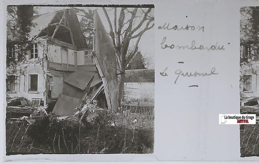 Le Quesnel, bombardement, Plaque verre stéréo, positif noir & blanc 4,5x10,7 cm