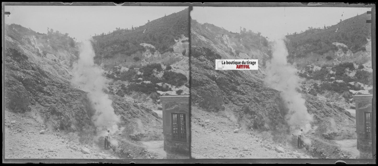 Montagne, homme, paysage, stéréo photo ancienne plaque verre, négatif 8x18 cm