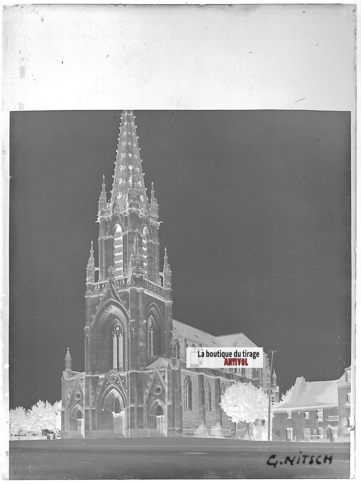 Église Mordelles, Plaque verre photo ancienne, négatif noir & blanc 9x12 cm