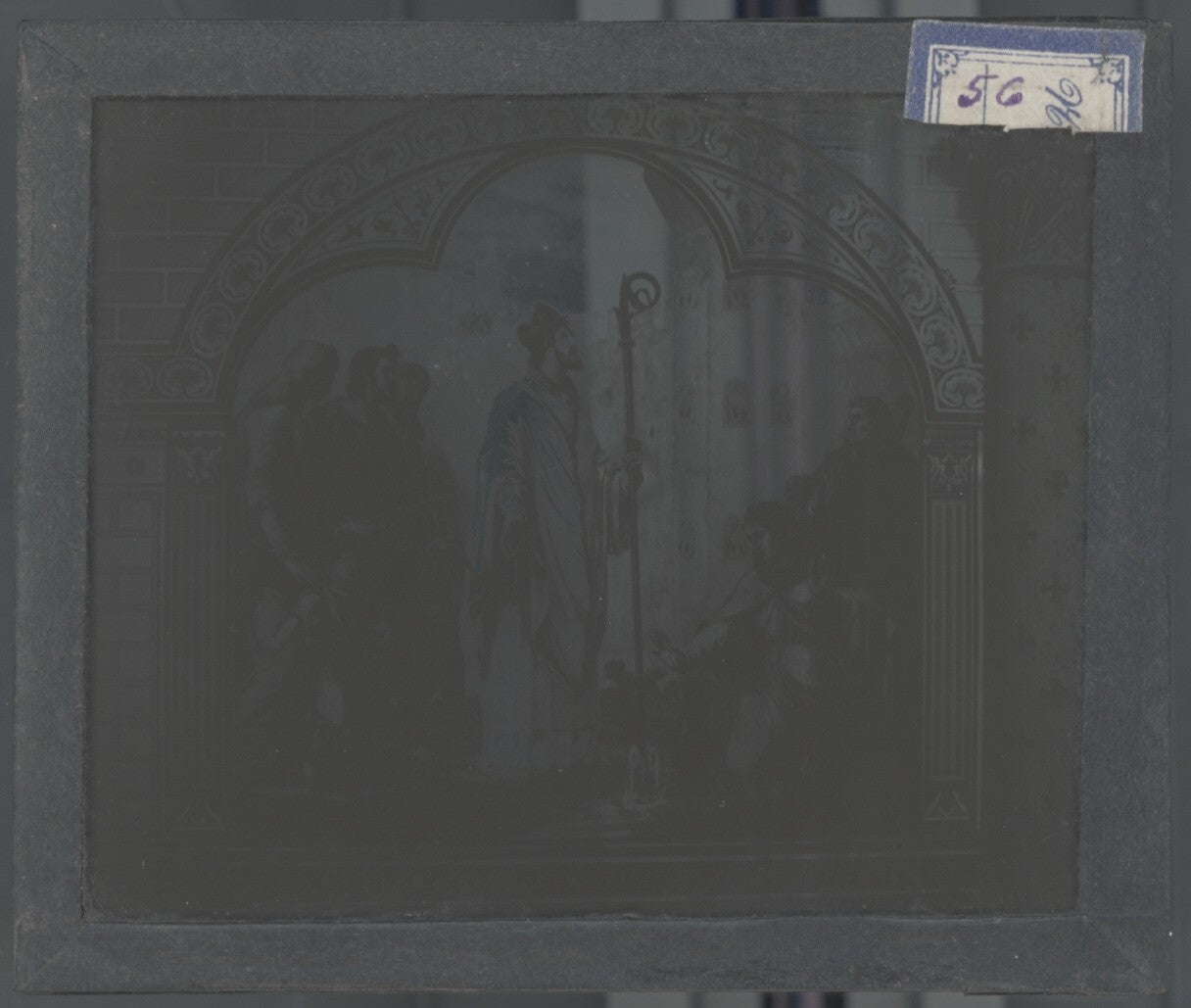 Scène religieuse, religion, dessin peinture, plaque verre, positif 8,5x10 cm