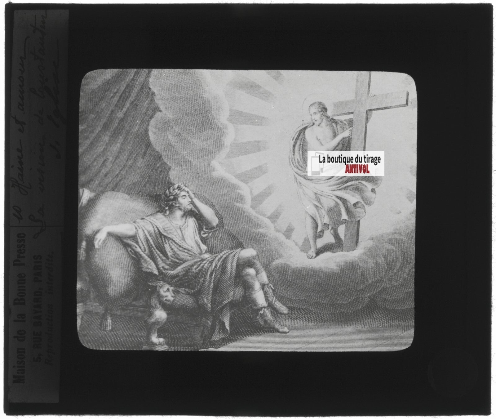 Scène religieuse, dessin, peinture, ancienne plaque de verre, positif 8,5x10 cm