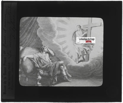 Scène religieuse, dessin, peinture, ancienne plaque de verre, positif 8,5x10 cm