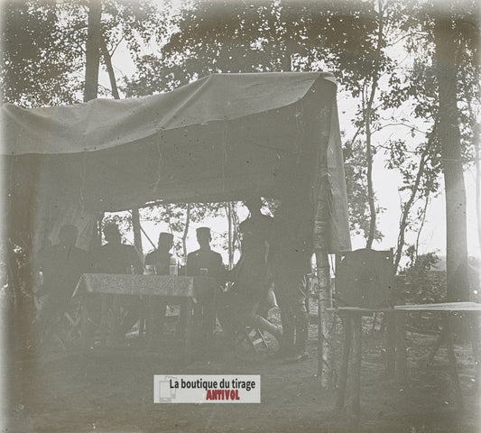 Poste de commandement, guerre WW1, plaque verre photo ancienne stéréo 6x13 cm