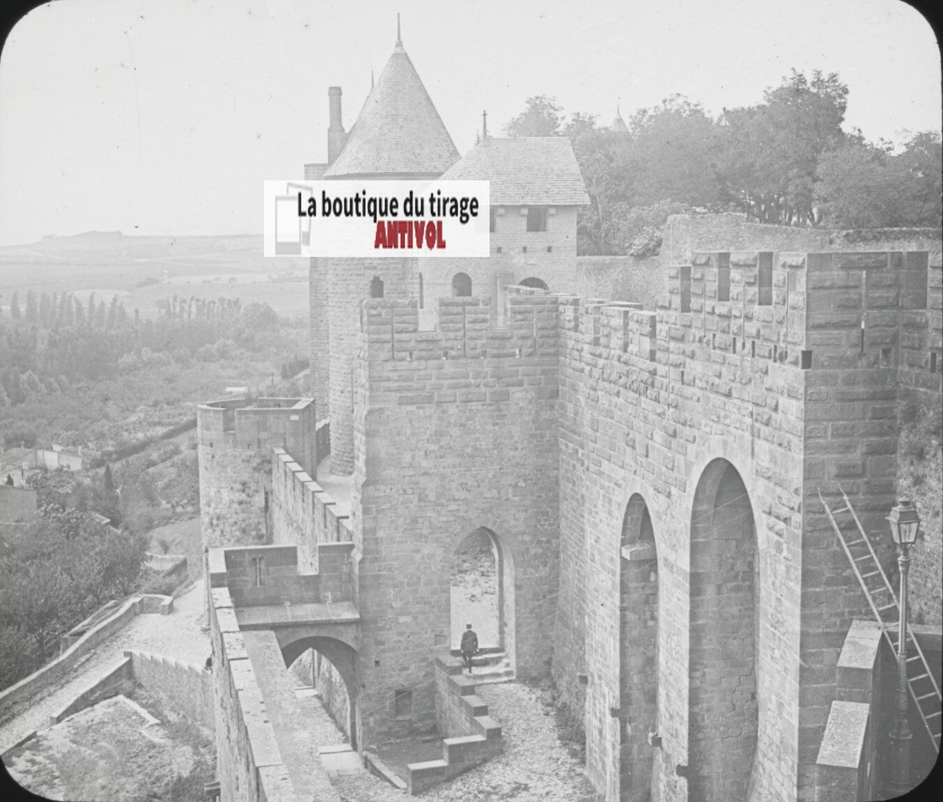 Cité de Carcassonne, photo plaque verre, noir et blanc, positif 8,5x10 cm