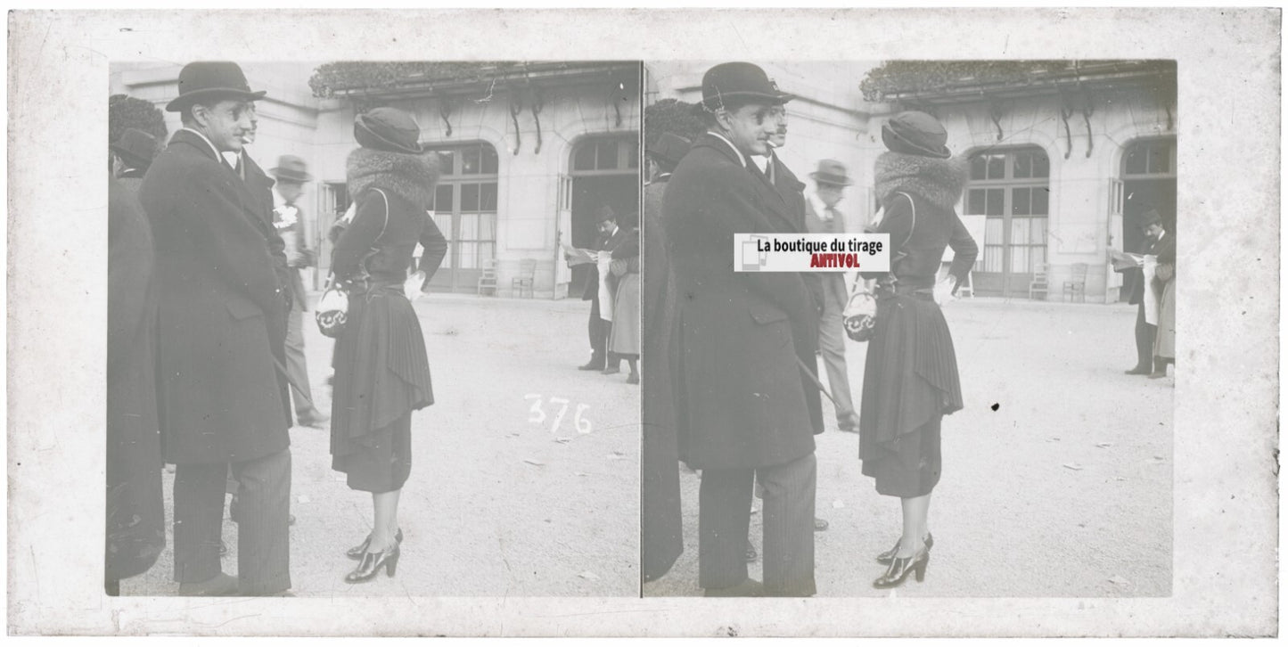 Scène de vie, Longchamp, Paris, plaque verre stéréoscopique, positif 8,5x17 cm