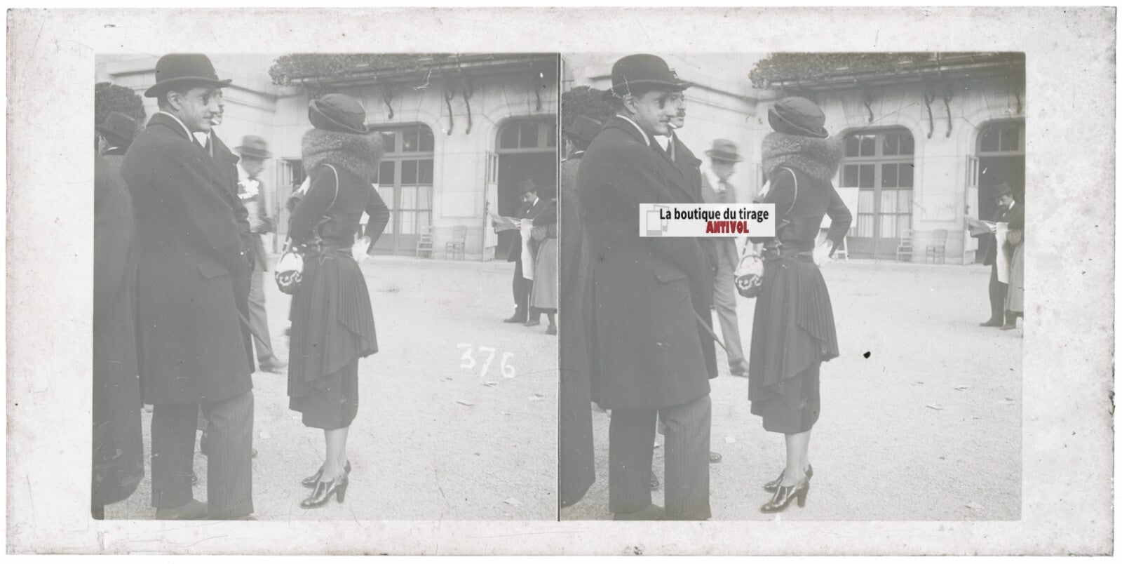 Scène de vie, Longchamp, Paris, plaque verre stéréoscopique, positif 8,5x17 cm