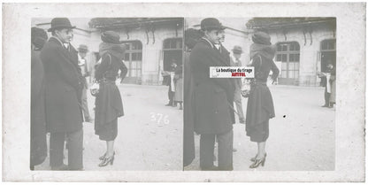 Scène de vie, Longchamp, Paris, plaque verre stéréoscopique, positif 8,5x17 cm