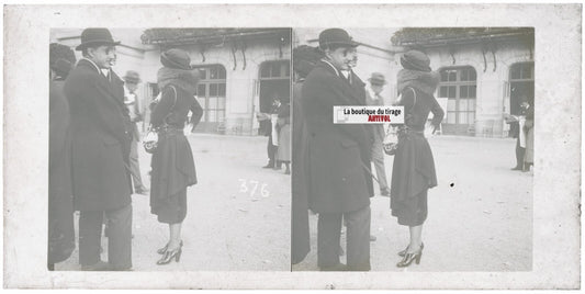 Scène de vie, Longchamp, Paris, plaque verre stéréoscopique, positif 8,5x17 cm