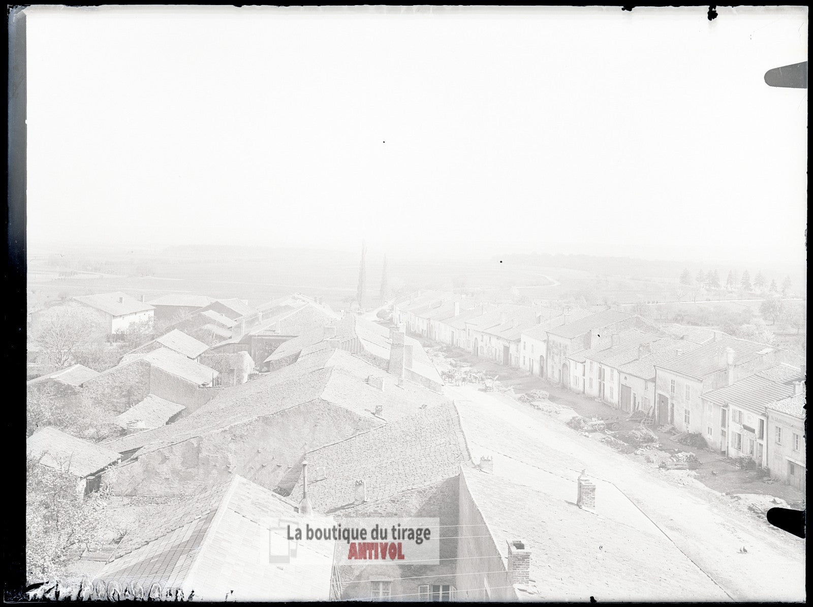 Rue, village France, plaque verre, photo ancienne, négatif 9x12 cm