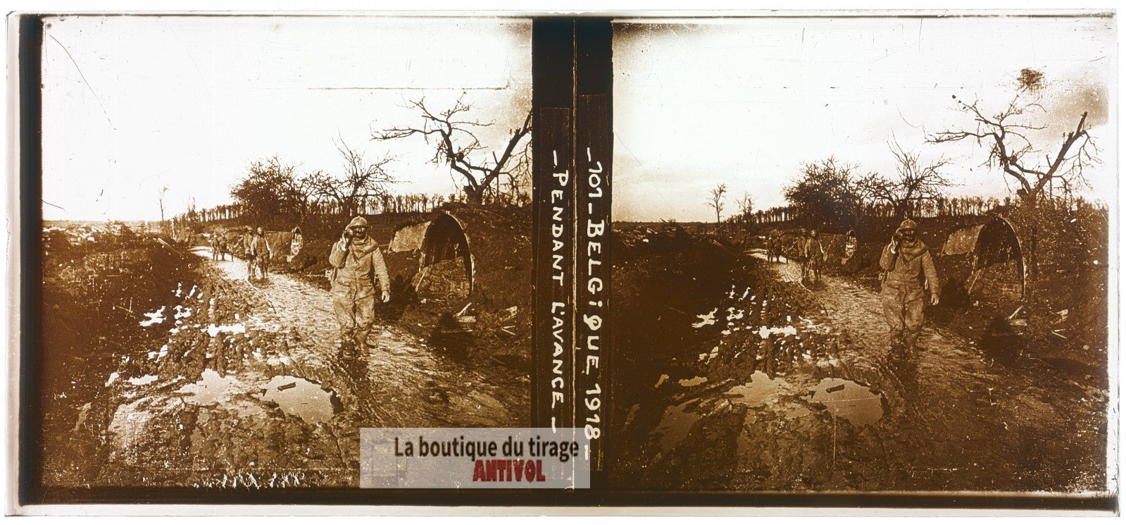 Belgique, soldats, guerre WW1, plaque verre photo ancienne stéréo 6x13 cm