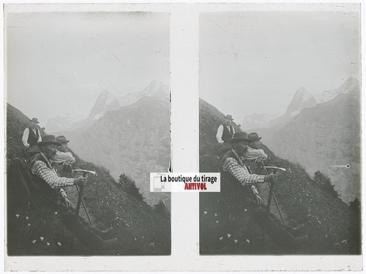 Montagnards, Alpes Suisse, stéréo photo plaque verre, noir & blanc, 9x12 cm