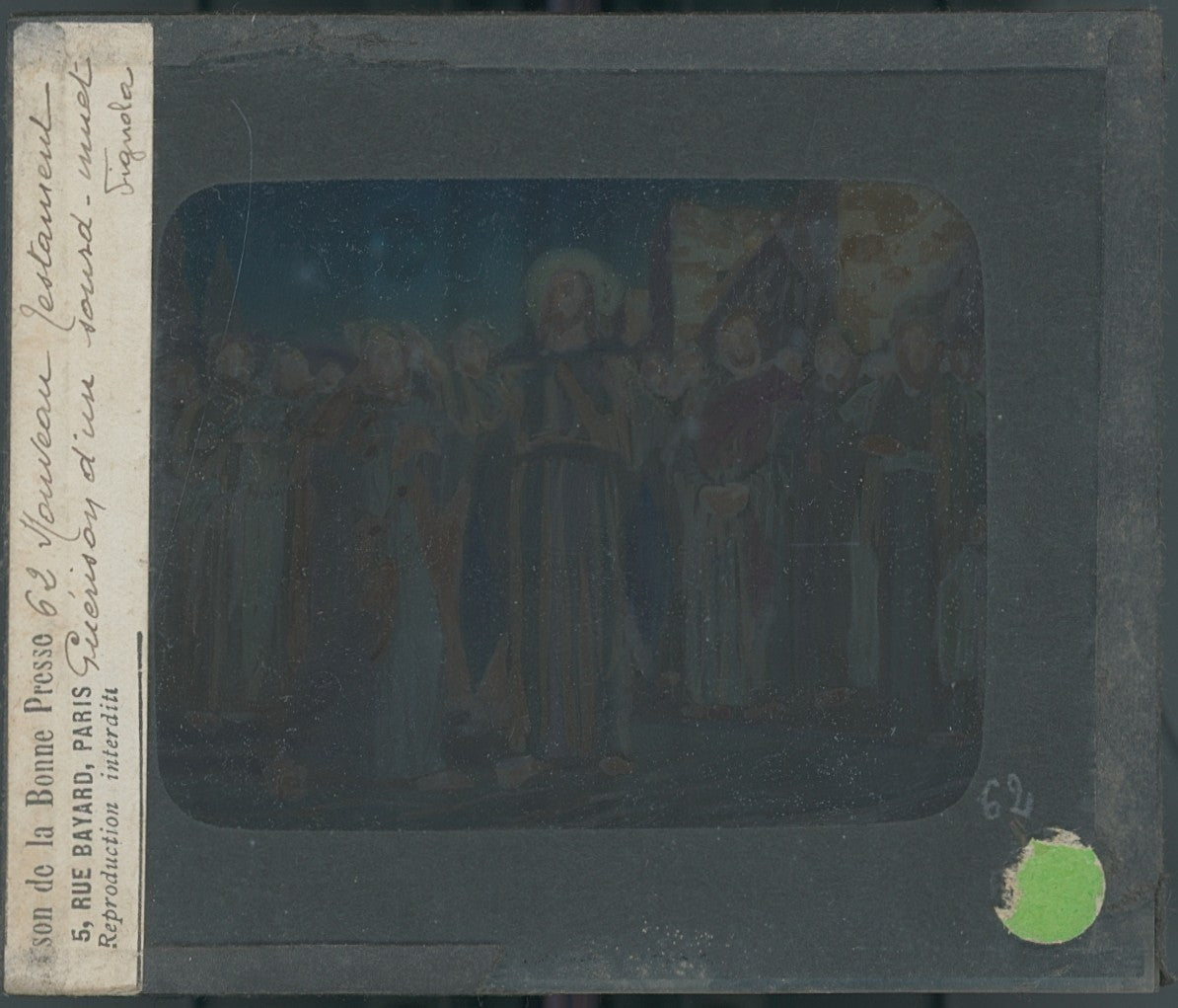Jésus guérit un sourd-muet, dessin, plaque verre ancienne, couleur 8,5x10 cm
