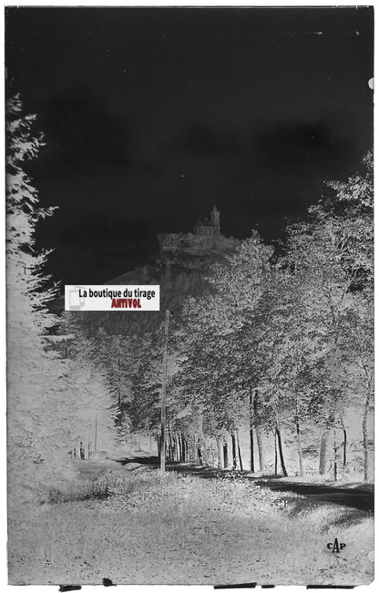 Plaque verre photo, négatif noir & blanc 9x14 cm, Dabo, Chapelle et hôtel, route